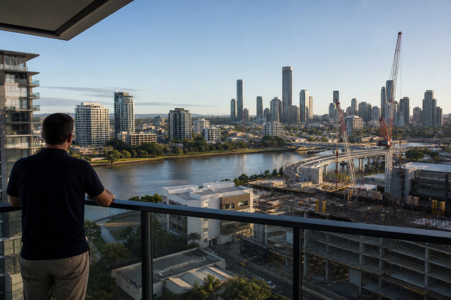 Apartment owner viewing Brisbane infrastructure development from a balcony