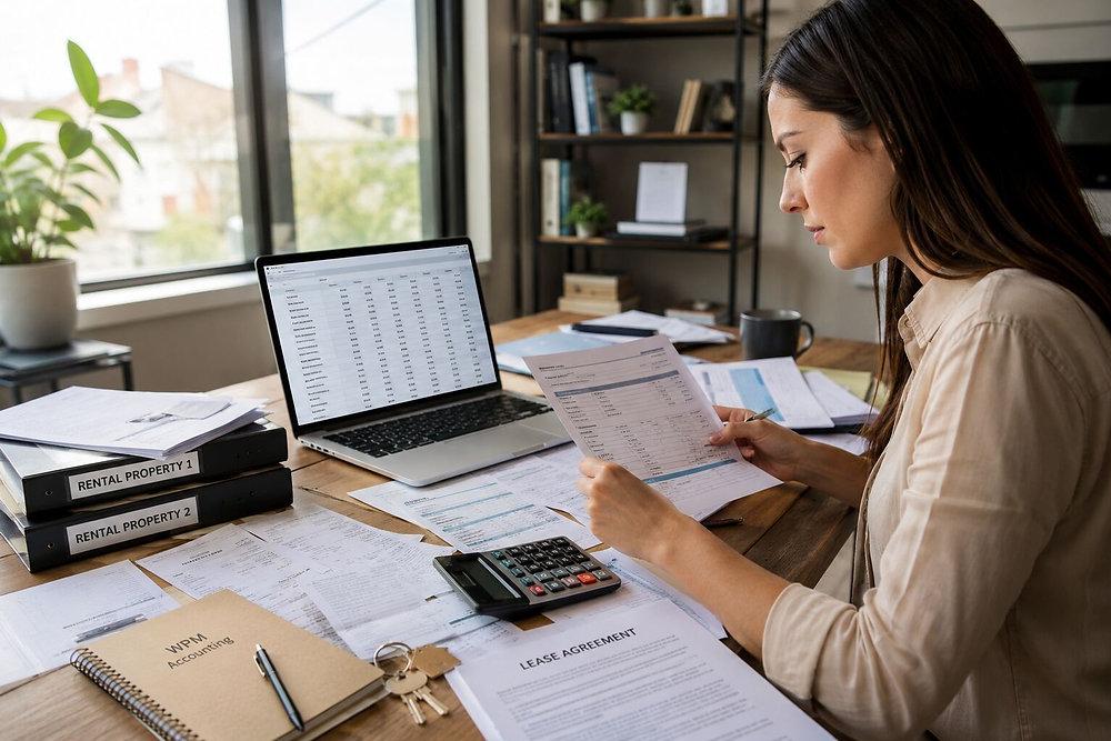 Landlord reviewing rental property paperwork and expenses